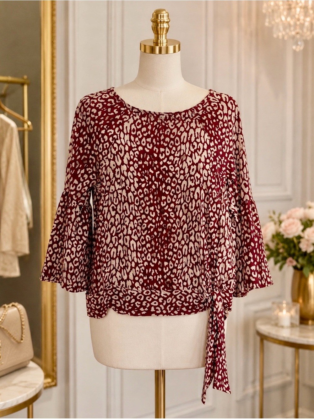 Michael Kors Burgundy and Cream Animal Print Tie-Hem Blouse